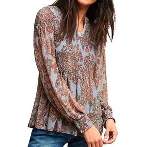 Akemi + Kin Anthropologie Adria Smocked Paisley Peplum Babydoll Blouse Medium